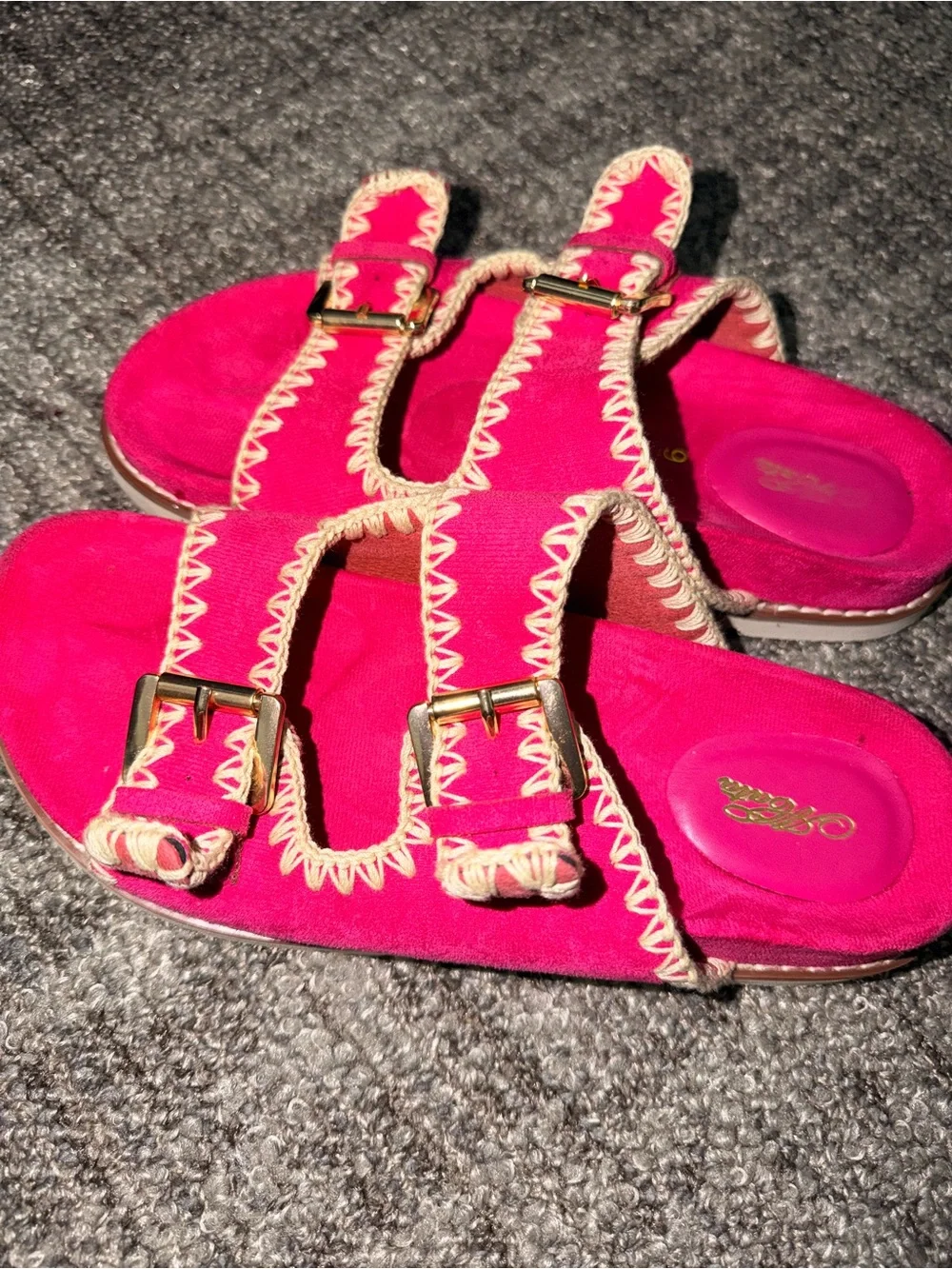 Bright Pink Double Buckle Slide Sandals with Contrast Stitching